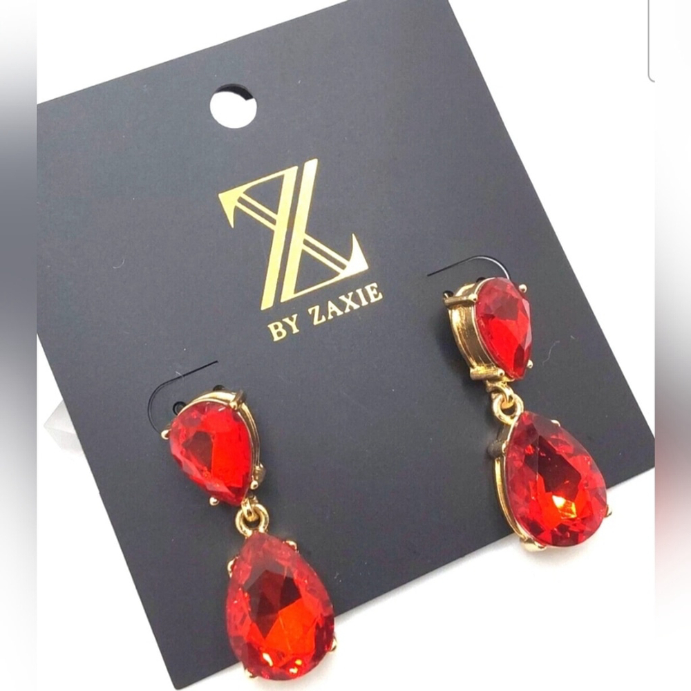 Zaxie Gold Tone Red Glass Stone Dangle Drop Earrings